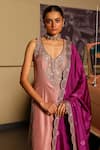 Sabe_Rose Gold Silk Embroidery V-neck Designer Jazba Kurta Set _at_Aza_Fashions