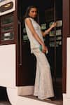 Sabe_Gold Chinon, Chanderi Embroidery, Sequins V-neck Designer Chikankari Sharara Set _Online_at_Aza_Fashions