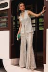 Buy_Sabe_Gold Chinon, Chanderi Embroidery, Sequins V-neck Designer Chikankari Sharara Set _Online_at_Aza_Fashions