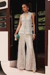 Buy_Sabe_Gold Chinon, Chanderi Embroidery, Sequins V-neck Designer Chikankari Sharara Set _at_Aza_Fashions