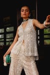 Sabe_Gold Chinon, Chanderi Embroidery, Sequins V-neck Designer Chikankari Sharara Set _at_Aza_Fashions