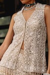Buy_Sabe_Gold Chinon, Chanderi Embroidery, Sequins V-neck Designer Chikankari Sharara Set 