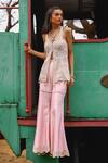 Sabe_Pink Silk, Net Embroidery V-neck Designer Soft Sharara Set _Online_at_Aza_Fashions