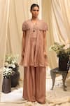 Buy_Ekru_Pink Organza, Silk, Linen, Satin, Bamboo Golden Cloud Jacket Co-ord Set _at_Aza_Fashions