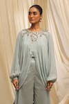 Buy_Ekru_Blue Chiffon, Silk Embroidery Round Neck Winding Blossom Drape Top And Sharara Set _Online_at_Aza_Fashions