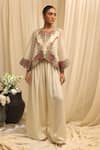 Buy_Ekru_Ivory Organza, Chanderi Embroidery Round Neck Rose-bloom Co-ord Set _at_Aza_Fashions