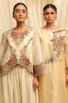 Ekru_Ivory Organza, Chanderi Embroidery Round Neck Rose-bloom Co-ord Set _at_Aza_Fashions