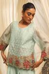 Shop_Ekru_Aqua Organza, Linen, Satin Embroidery Round Neck Floral Horizon Co-ord Set _Online_at_Aza_Fashions