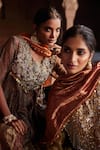 Buy_Etasha by Asha Jain_Brown Silk, Tissue Sequins Round Neck Coffee Kurta Set With Striped Dupatta _Online_at_Aza_Fashions