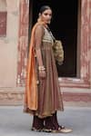 Etasha by Asha Jain_Brown Silk, Tissue Sequins Round Neck Coffee Kurta Set With Striped Dupatta _at_Aza_Fashions