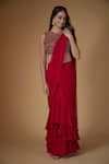 Buy_Fatiz_Red Georgette, Tulle Sequins, Beads Round Designer Pre-draped Saree And Blouse Set _at_Aza_Fashions