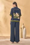 Shop_Masaba_Blue Silk, Crepe Collared, Square Neck Midnight Holiday Home Shirt Trouser Set _at_Aza_Fashions