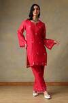 Buy_Tashee_Red Chanderi, Cotton Embroidery V-neck Kurta With Pant _Online_at_Aza_Fashions