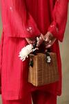 Tashee_Red Chanderi, Cotton Embroidery V-neck Kurta With Pant _at_Aza_Fashions