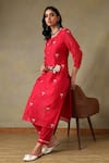 Tashee_Red Chanderi, Cotton Embroidery Round Neck Kurta And Pant Set _Online_at_Aza_Fashions