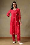 Buy_Tashee_Red Chanderi, Cotton Embroidery Round Neck Kurta And Pant Set _at_Aza_Fashions