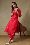 Tashee_Red Chanderi, Cotton Embroidery Round Neck Kurta And Pant Set _at_Aza_Fashions