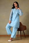 Buy_Tashee_Blue Chanderi, Cotton Embroidery Split V-neck Powder Kurta And Pant Set _at_Aza_Fashions