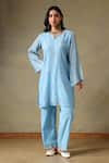 Shop_Tashee_Blue Chanderi, Cotton Embroidery Split V-neck Powder Kurta And Pant Set _Online_at_Aza_Fashions