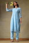 Shop_Tashee_Blue Chanderi, Cotton Embroidery Round Neck Powder Kurta And Pant Set _Online_at_Aza_Fashions