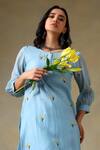 Tashee_Blue Chanderi, Cotton Embroidery Round Neck Powder Kurta And Pant Set _at_Aza_Fashions