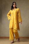 Buy_Tashee_Yellow Chanderi, Cotton Embroidery Split V-neck Kurta Set _at_Aza_Fashions