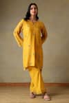 Buy_Tashee_Yellow Chanderi, Cotton Embroidery Split V-neck Kurta Set _Online_at_Aza_Fashions