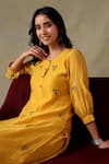 Shop_Tashee_Yellow Chanderi, Cotton Embroidery Round Neck Kurta With Pant Set _Online_at_Aza_Fashions