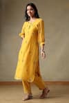Shop_Tashee_Yellow Chanderi, Cotton Embroidery Round Neck Kurta With Pant Set _at_Aza_Fashions