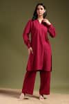 Tashee_Maroon Linen V-neck Kurta With Pant Set _Online_at_Aza_Fashions
