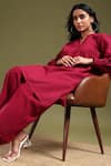 Shop_Tashee_Maroon Linen V-neck Kurta With Pant Set _Online_at_Aza_Fashions