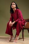 Tashee_Maroon Linen V-neck Kurta With Pant Set _at_Aza_Fashions