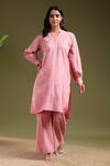 Buy_Tashee_Pink Linen Mandarin Collar Kurta With Pant _at_Aza_Fashions