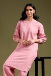 Tashee_Pink Linen Mandarin Collar Kurta With Pant _at_Aza_Fashions