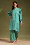 Buy_Tashee_Green Linen Split V-neck Sage Kurta And Pant Set _at_Aza_Fashions