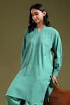 Shop_Tashee_Green Linen Split V-neck Sage Kurta And Pant Set _Online_at_Aza_Fashions