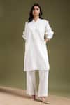 Buy_Tashee_White Linen Mandarin Collar Ivory Kurta With Pant _at_Aza_Fashions