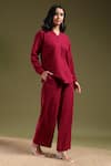 Tashee_Maroon Linen Mandarin Collar Shirt And Pant Coord Set _at_Aza_Fashions