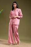 Shop_Tashee_Pink Linen Mandarin Collar Shirt And Pant Coord Set _Online_at_Aza_Fashions