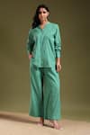 Buy_Tashee_Green Linen Mandarin Collar Sage Shirt And Pant Set _at_Aza_Fashions