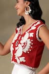 Tashee_Rust Cotton Embroidery V-neck Jacket Top And Ivory Pants _Online_at_Aza_Fashions
