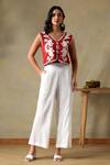 Buy_Tashee_Rust Cotton Embroidery V-neck Jacket Top And Ivory Pants _at_Aza_Fashions