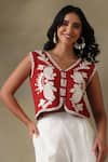 Shop_Tashee_Rust Cotton Embroidery V-neck Jacket Top And Ivory Pants _Online_at_Aza_Fashions