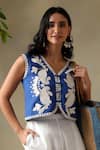 Tashee_Blue Cotton Embroidery V-neck Jacket With Ivory Pants _Online_at_Aza_Fashions