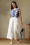 Buy_Tashee_Blue Cotton Embroidery V-neck Jacket With Ivory Pants _Online_at_Aza_Fashions