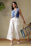 Shop_Tashee_Blue Cotton Embroidery V-neck Jacket With Ivory Pants _Online_at_Aza_Fashions
