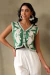 Tashee_Green , Satin Embroidery V-neck Jacket And Ivory Pants Set _Online_at_Aza_Fashions