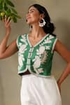 Buy_Tashee_Green , Satin Embroidery V-neck Jacket And Ivory Pants Set _Online_at_Aza_Fashions