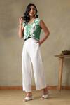 Shop_Tashee_Green , Satin Embroidery V-neck Jacket And Ivory Pants Set _Online_at_Aza_Fashions