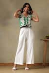 Buy_Tashee_Green , Satin Embroidery V-neck Jacket And Ivory Pants Set _at_Aza_Fashions